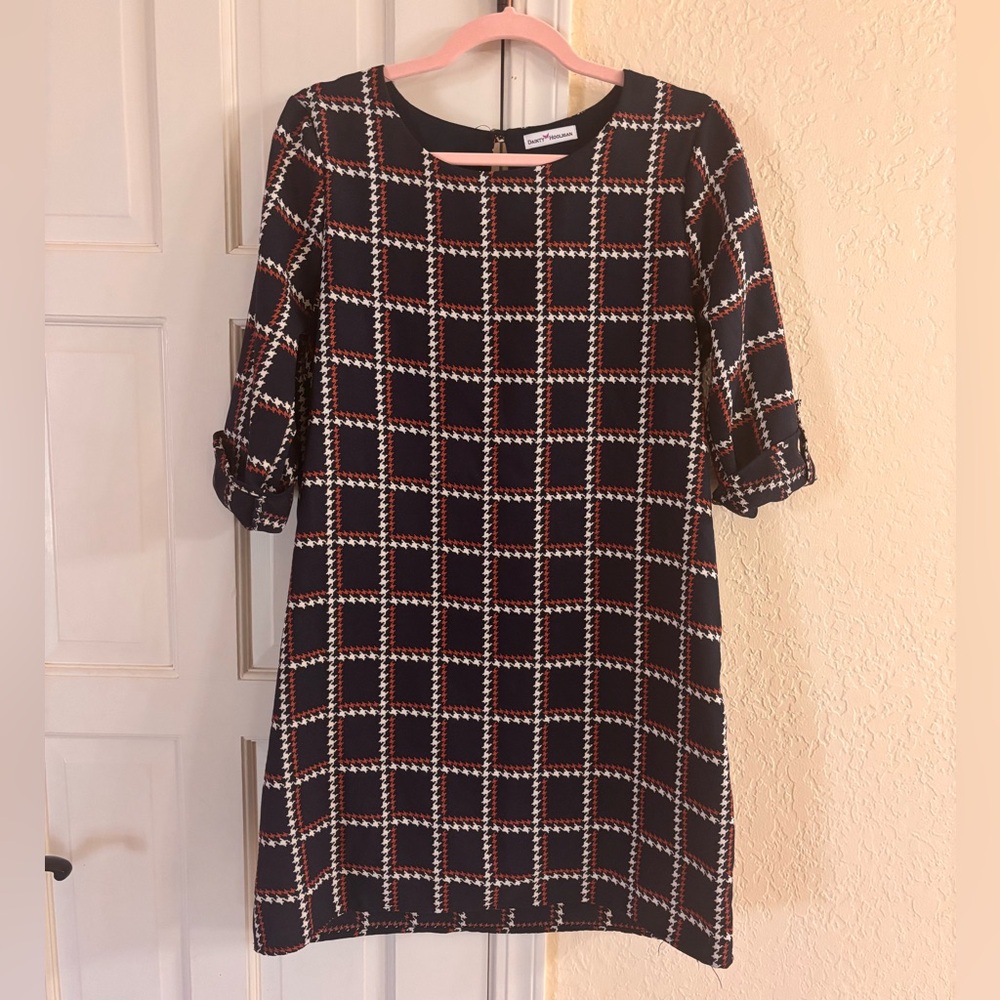 Navy Orange White Plaid Shift Mini Short Sleeve Dress L